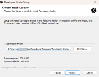 The Developer Studio Setup installer displays the Choose Install Location. The Next buttin us outlined